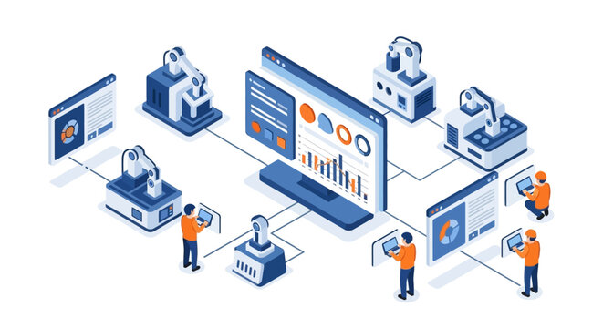 Isometric illustration of people interacting with a large data analytics dashboard on a computer screen surrounded by various technology and industrial icons in a modern business setting.