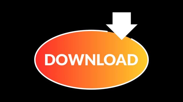 Seamless looping 4k animation of white Download text on orange to yellow gradient oval shape with moving arrow. High-quality render with alpha channel transparency for easy integration