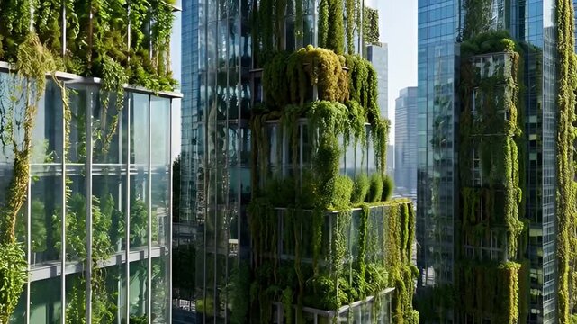 Eco friendly skyscrapers green buildings integrated with nature in urban setting