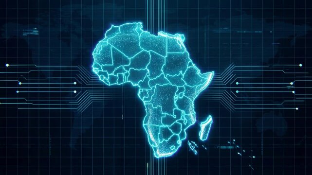 Glowing digital map of Africa with circuit network connections, representing technology, innovation and digital transformation across the continent.