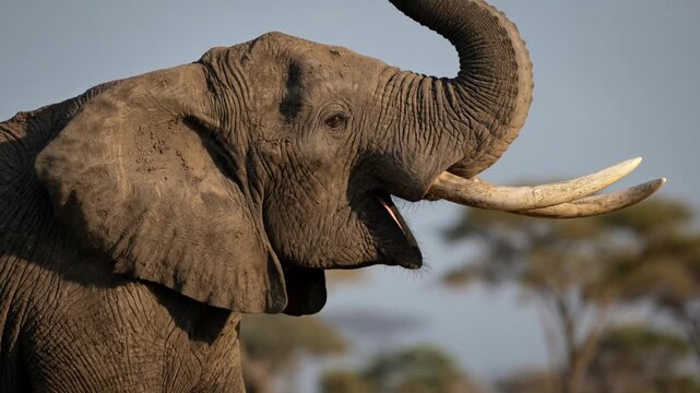 Close-up portrait of a majestic African elephant with long tusks in the savannah.