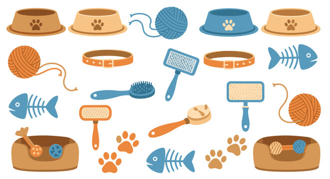 Collection of cute cartoon pet supplies for cats and dogs including food bowls, yarn balls, collars, brushes, toys, and beds