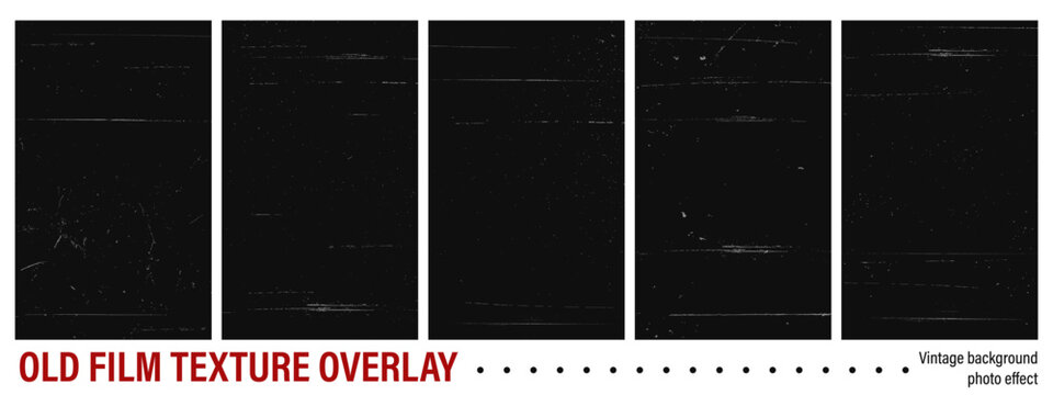 Old movie film grain overlay set. Dirty scratched paper texture. Distressed retro background for cinema or photo effect.