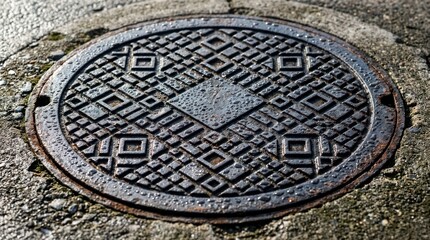 Fototapeta premium Macro shot of a heavy cast-iron circular utility cover set into a concrete pad. Intricate non-slip geometric patterns on the metal surface.