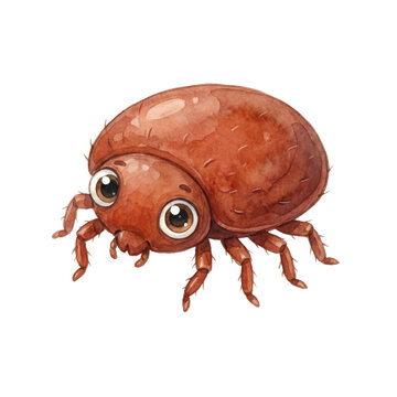 Cute cartoon brown mite with big eyes and many legs, watercolor illustration.