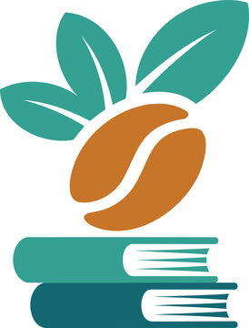 Books stacked under coffee bean with green leaves on white