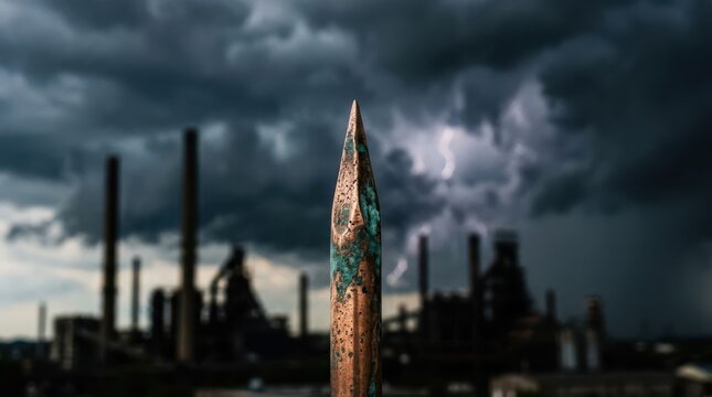 Extreme close-up of a copper lightning rod tip pointing toward a stormy, dramatic sky. The copper shows a slight green patina and metallic sheen.