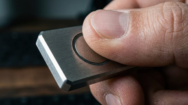 Extreme macro of a hand holding a small, brushed metal security key (U2F). The thumb is resting on a circular touch sensor.