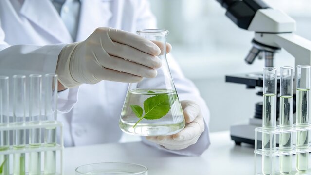 Scientist examining leaf in flask