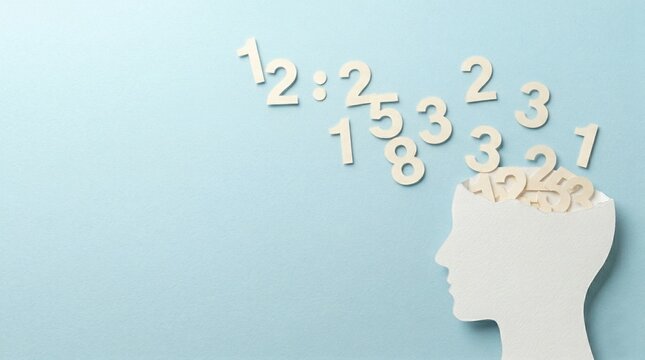 Human head silhouette with flying wooden numbers conceptual dyscalculia and math stress
