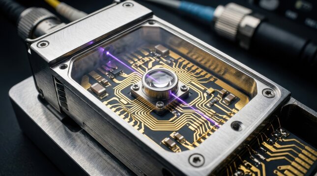 Close-up of an open-faced optical transceiver module. Polished gold-plated circuitry surrounding a tiny transparent lens.
