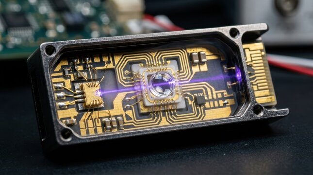 Close-up of an open-faced optical transceiver module. Polished gold-plated circuitry surrounding a tiny transparent lens.