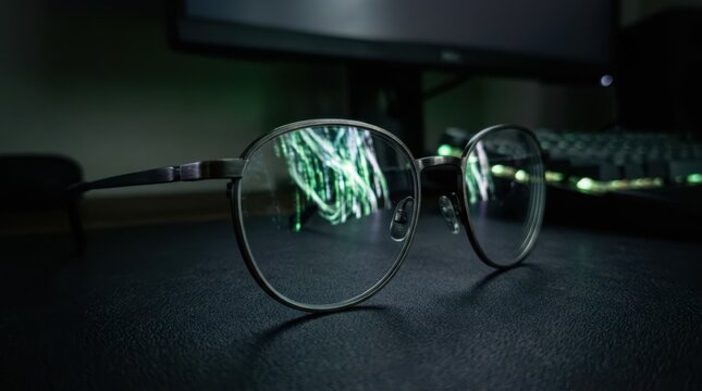 Intellectual reflection: a programmer's eyewear catching the rhythmic glow of a screen in a dark NOC environment.