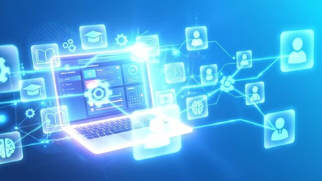 Digital technology education platform featuring laptop with glowing blue interface icons symbolizing artificial intelligence, networking, and online learning in futuristic digital environment