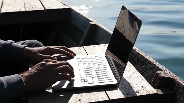 Person working on laptop computer while sitting in a wooden boat on a calm lake during sunny day