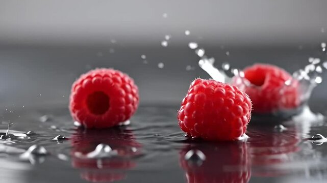 Fresh red raspberries falling on a reflective surface closeup view
