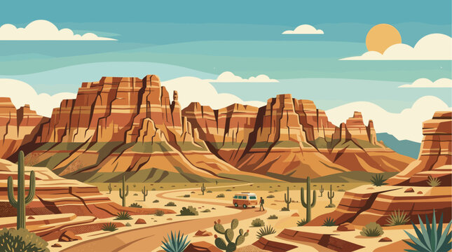 A stylized, flat design illustration of a desert landscape featuring layered canyons, various cacti, and a vintage camper van with a hiker exploring a dirt road under a bright sun and cloudy sky.
