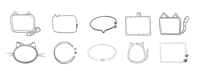 Obraz premium Empty cute cat or dog, pet frame set, speech bubble with ears and tail, border with paw print. Doodle sketch hand drawn elements. Footprint badge, border divider. 