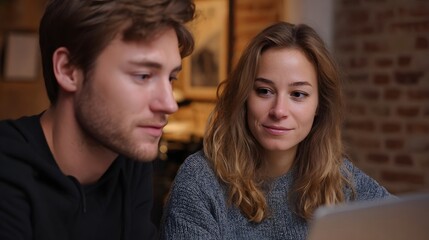 Fototapeta premium A man and woman looking at a laptop screen together in a cozy indoor environment with brick walls