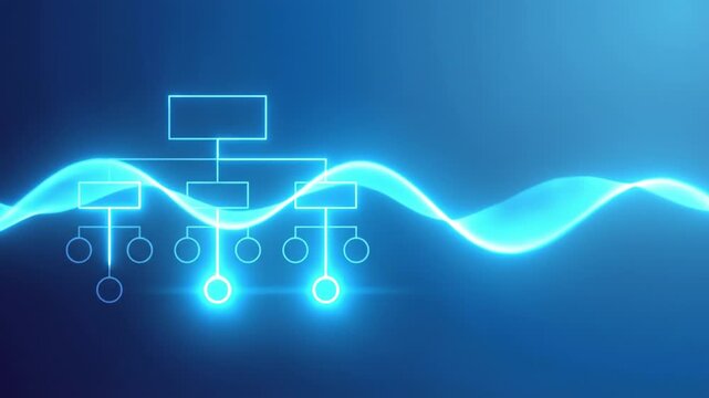 Digital organizational chart with glowing blue wave and abstract network flow, hierarchical chart featuring illuminated nodes and connections, futuristic technology concept on blue background