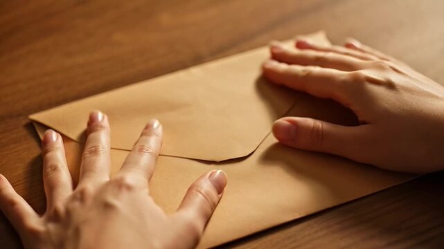 Hands folding paper creating shape on wooden surface close up