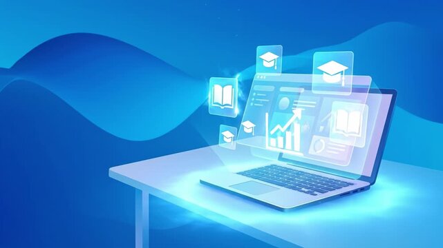 Online education technology with laptop and digital learning icons, data analytics, and knowledge growth on futuristic blue background, symbolizing virtual study and online learning visualization