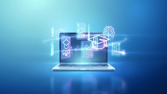 Digital learning and online education concepts featuring laptop, brain, graduation cap, data chart, and digital icons glowing on blue background symbolizing study and knowledge growth