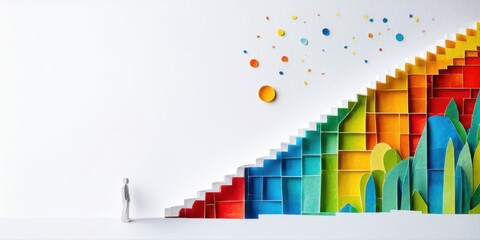 Fototapeta premium Colorful paper staircase ascends. Miniature figure stands below, facing upward. Bright dots float above steps. Clean aesthetic, simple composition.