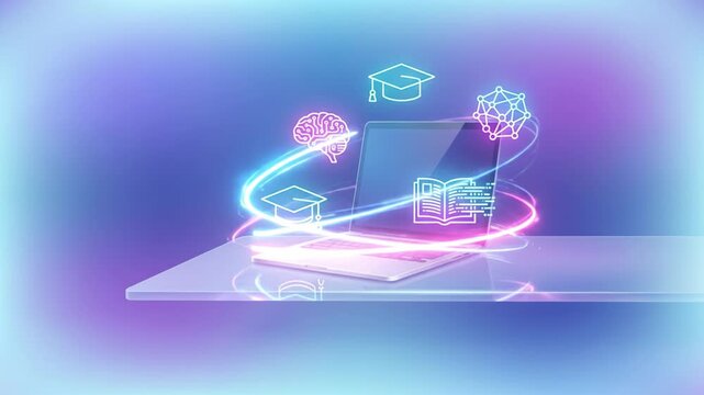 Digital education and learning with laptop featuring glowing neon icons of brain, graduation cap, book, and network, symbolizing online technology and knowledge sharing futuristic style blue purple