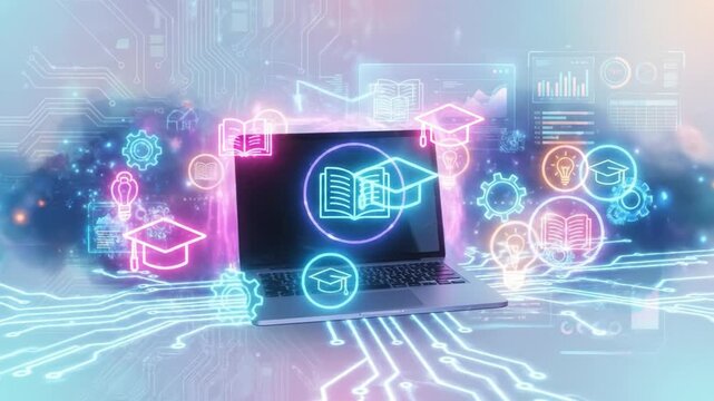 Digital education technology with laptop featuring glowing icons of book, graduation cap, gear, and light bulb, symbolizing online learning, knowledge sharing, and innovation in futuristic settings