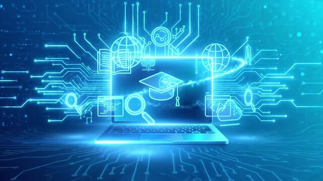 Digital education technology with laptop and glowing blue icons representing online learning, data connection, and futuristic innovation in digital education and technology environment