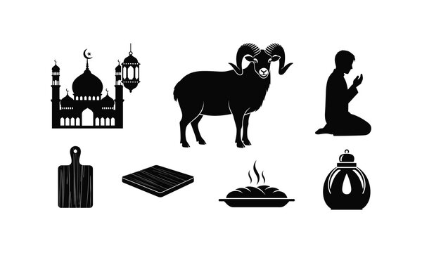 Islamic symbols vector silhouette illustration set for Eid Al Adha greetings and design