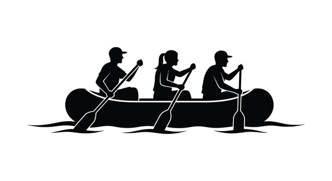Three people paddling a raft on water a striking silhouette