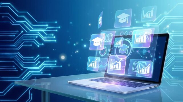 Digital education technology with laptop and virtual icons featuring online learning, data analytics, graduation cap symbols, and futuristic e learning interface glass table showcasing advanced