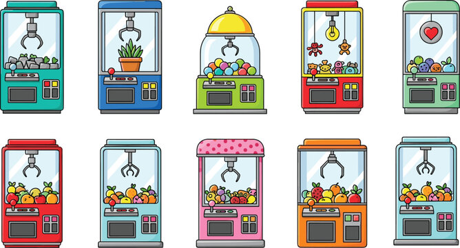 Claw machines collection with toys fruits and prizes arcade grabber game cabinets colorful vector illustration set