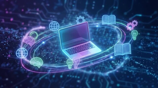 Laptop computer digital technology innovation network knowledge brain globe book icons glowing education futuristic learning online sharing symbolizing advancement and discovery