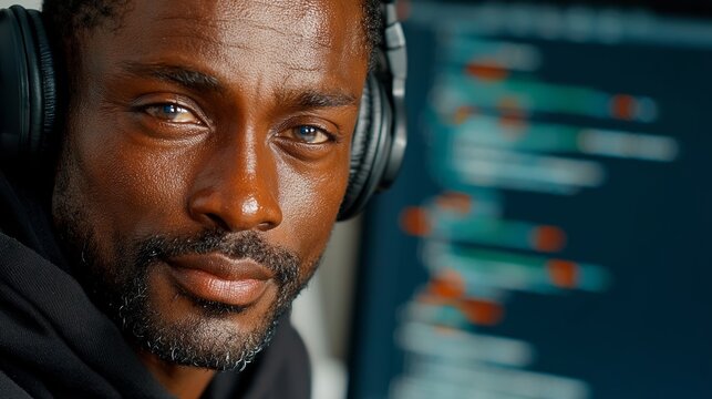 African American male software developer wearing headphones looks at computer screen displaying programming code in a modern workspace with soft lighting