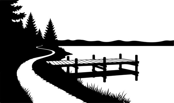 Black and white vector dock, serene lake scene, wooden pier, pathway silhouette