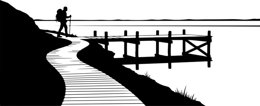 Black silhouette, hiking path, wooden bridge, outdoor scenery, vector illustration