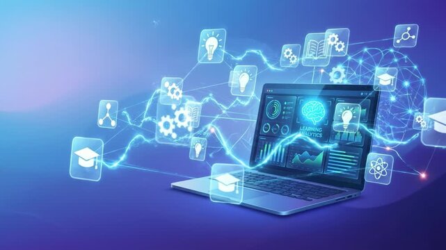 Learning analytics dashboard featuring laptop with digital education icons, data visualization, and futuristic technology concept showcasing glowing blue network connections for smart learning