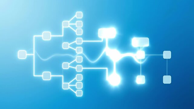 Digital network diagram with glowing blue nodes and abstract connection flow, technology data visualization, modern digital flowchart representing network structure and communication process design
