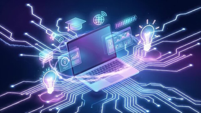 Digital laptop with glowing technology icons and circuit lines symbolizing innovation connectivity education data analysis and light emitting futuristic creative digital atmosphere
