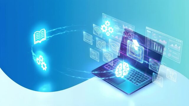 Digital learning and education with laptop featuring glowing icons of book, brain, graduation cap, gears, and data charts futuristic blue background symbolizing technology, innovation, knowledge