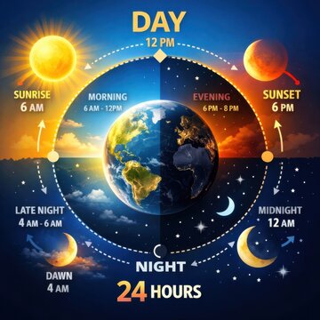 24 hours day and night cycle with earth and sun
