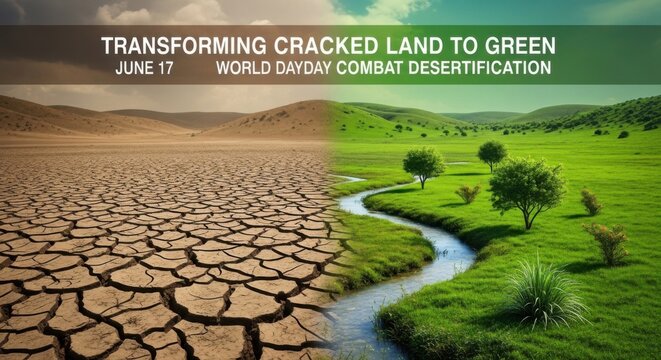 desert vs green landscape, cracked earth to lush field