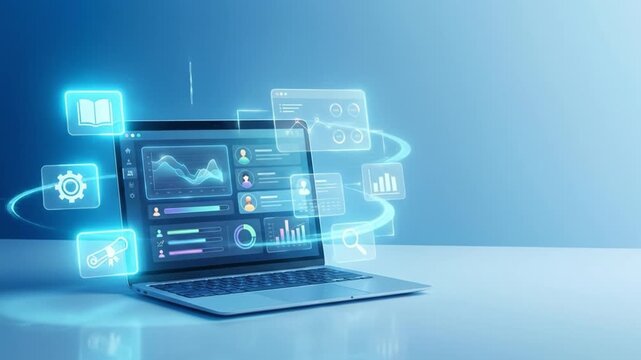 Dashboard interface with glowing analytics widgets, laptop displaying user profiles, charts and graph data visualization, floating analytics and education icons, holographic app icons orbiting screen