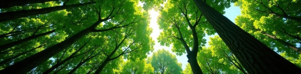 Fototapeta premium Dense canopy overhead, sunlight filtering through, landscape, high angle