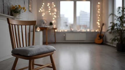 Fototapeta premium Interior scene with a wooden chair in the foreground decorated with fairy lights overlooking a bright window with a guitar and plant