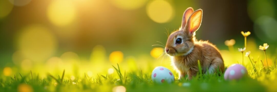 Golden hour light bathes a charming bunny nestled in lush grass with speckled eggs , easter bunny image, easter bunny graphics