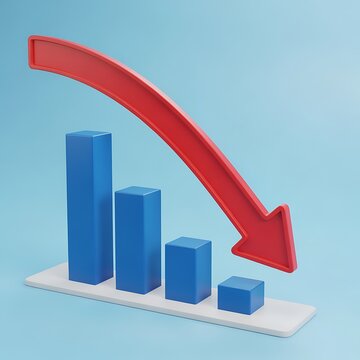 3D bar chart with decreasing trend red arrow on white base blue background business finance statistics analysis  A 3D bar chart with a red arrow